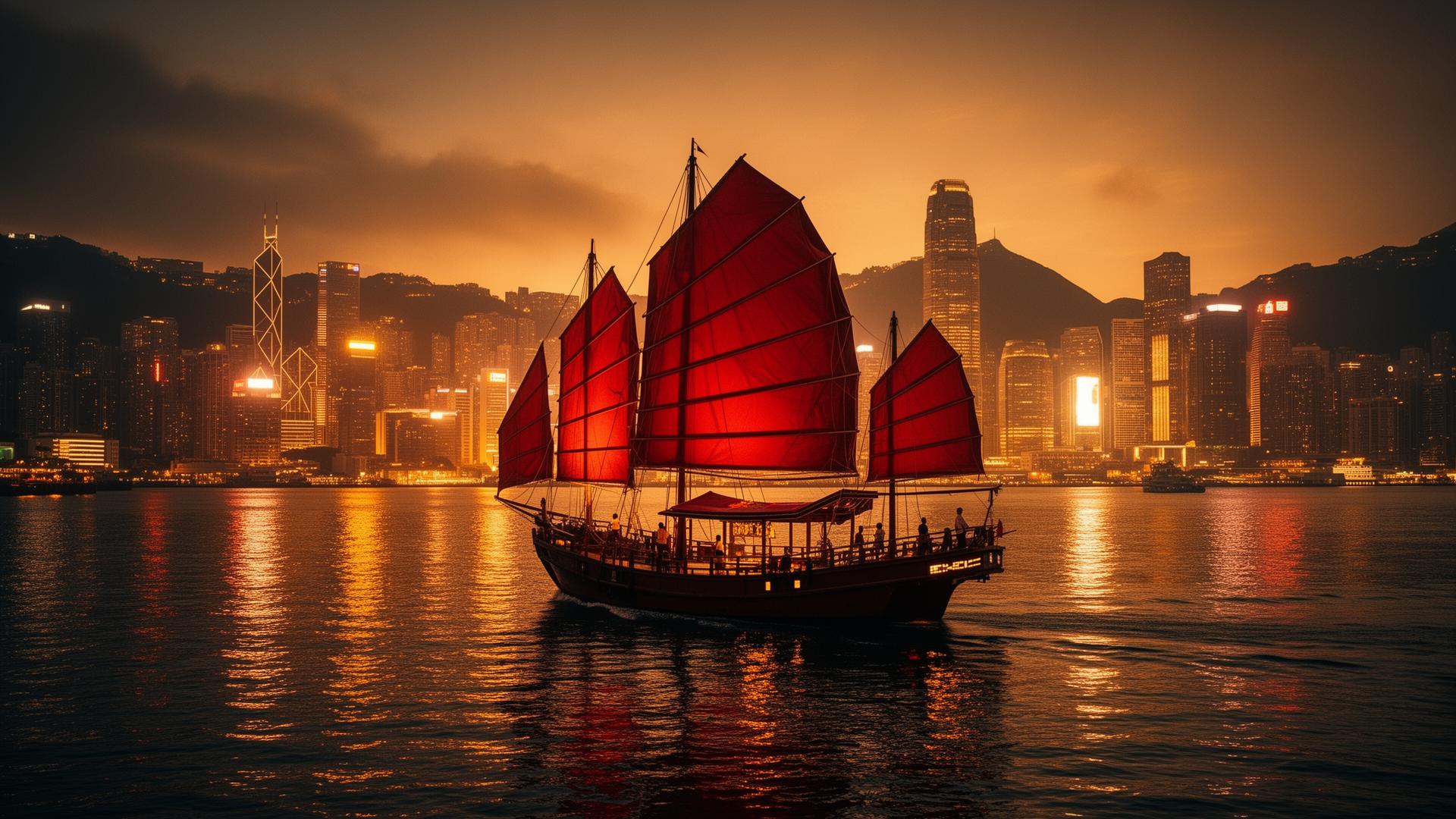 Red sail junk boat at sunset in Hong Kong harbor